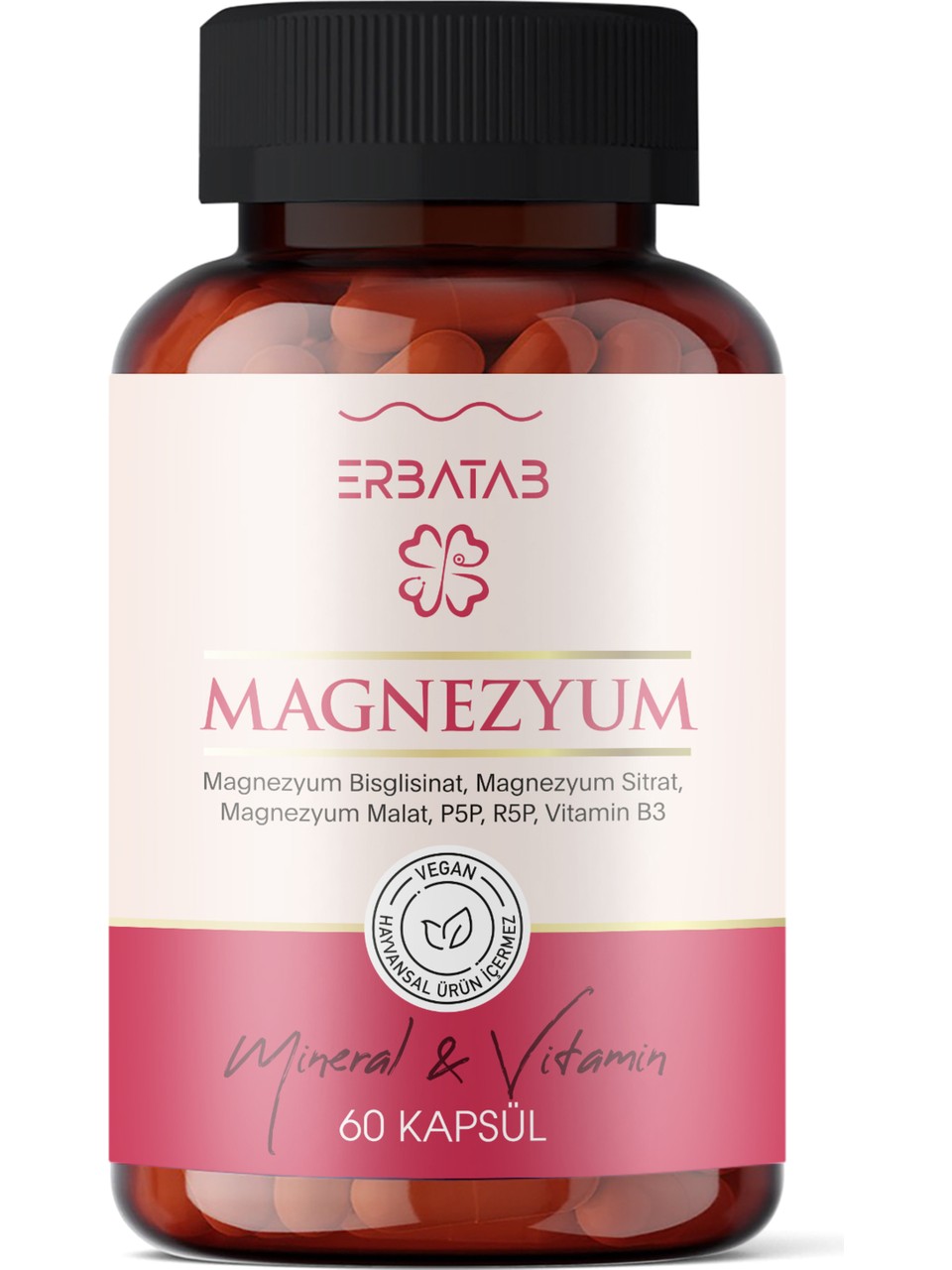 Erbatab Magnezyum 3 lü Form (Bisglisinat, Sitrat, Malat) & Vitamin B2 , B3 , B6 - 60 Kapsül